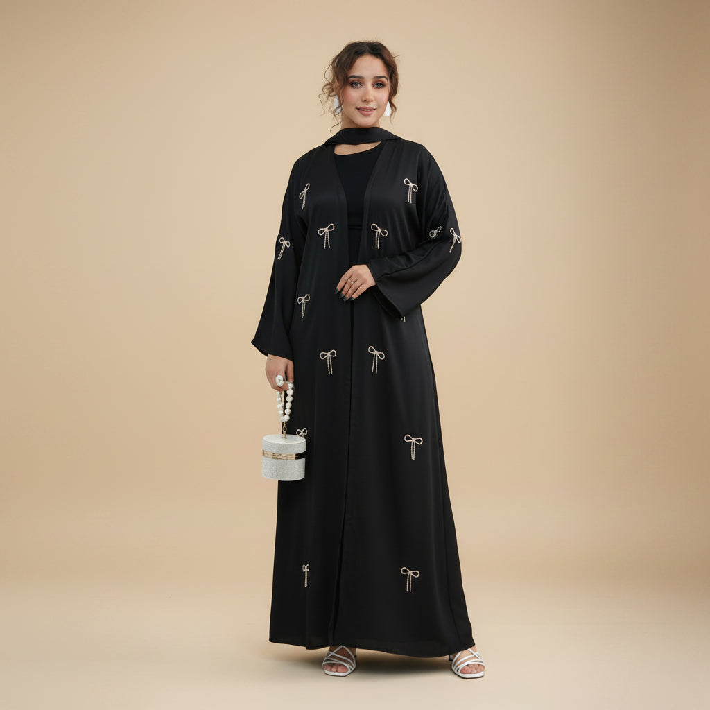 2 Pieces Set Hot-fix Rhinestone Bows Open Abaya Dress - With Inner Sleeveless Abaya Dress - #261181