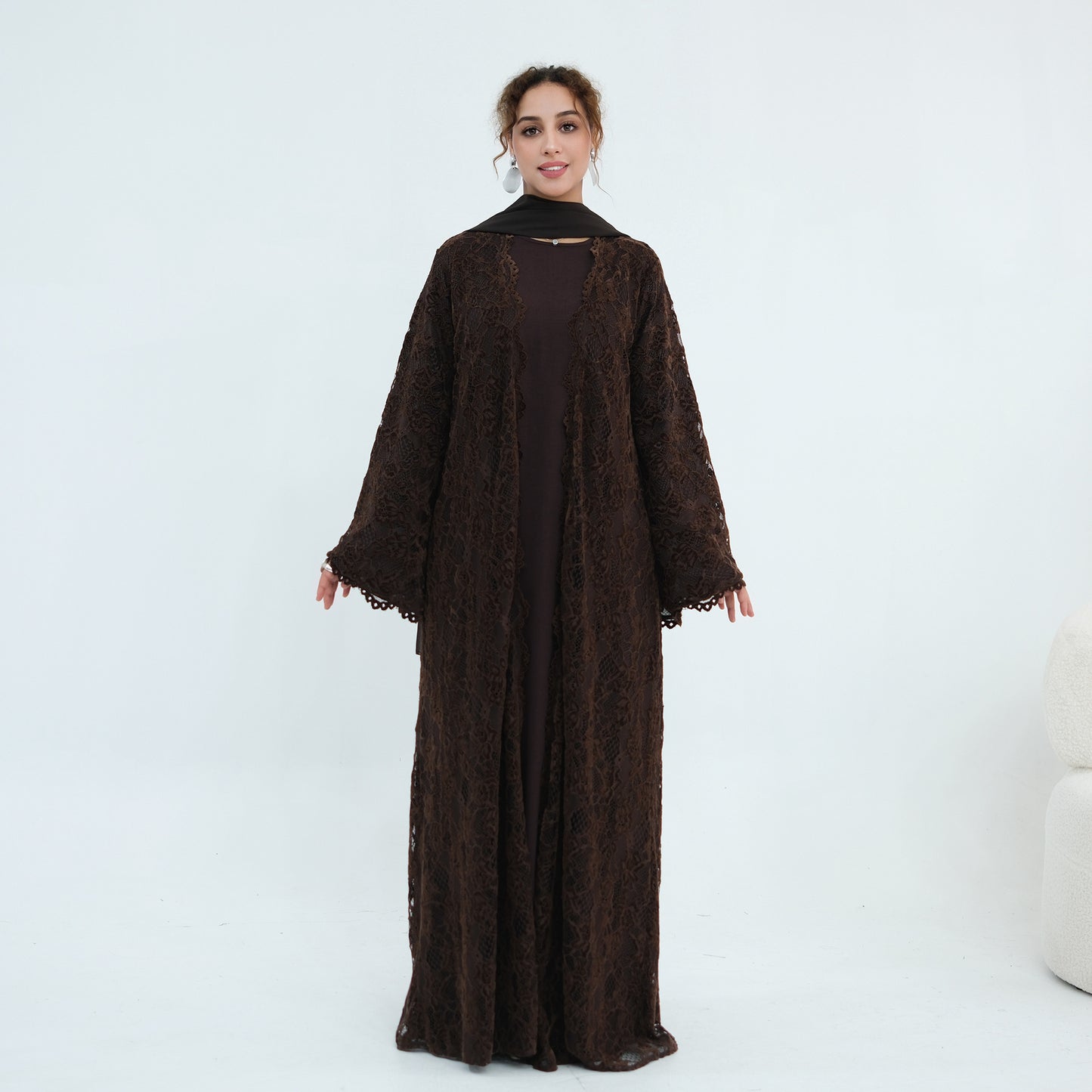 Double-layer Lace Fabric Open Abaya Dress - Black/Coffee/Army Green - #261276