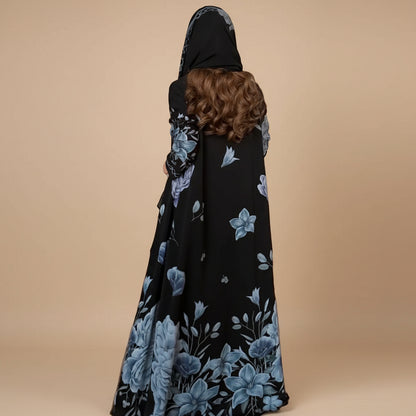Muslim Women Printed Open Abaya Dress - With A Matching Hijab - Blue - #26M280