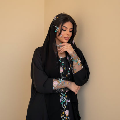 Muslim Women Floral Lace Cardigan Open Abaya Dress With A Matching Hijab #26M282