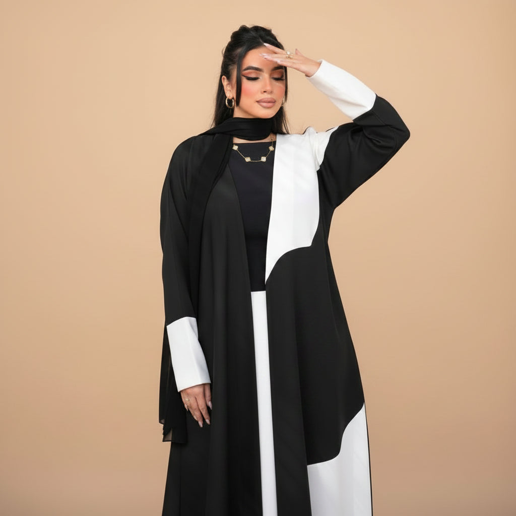 Muslim Women Black and White Patchwork Cardigan Open Abaya Dress #26M285