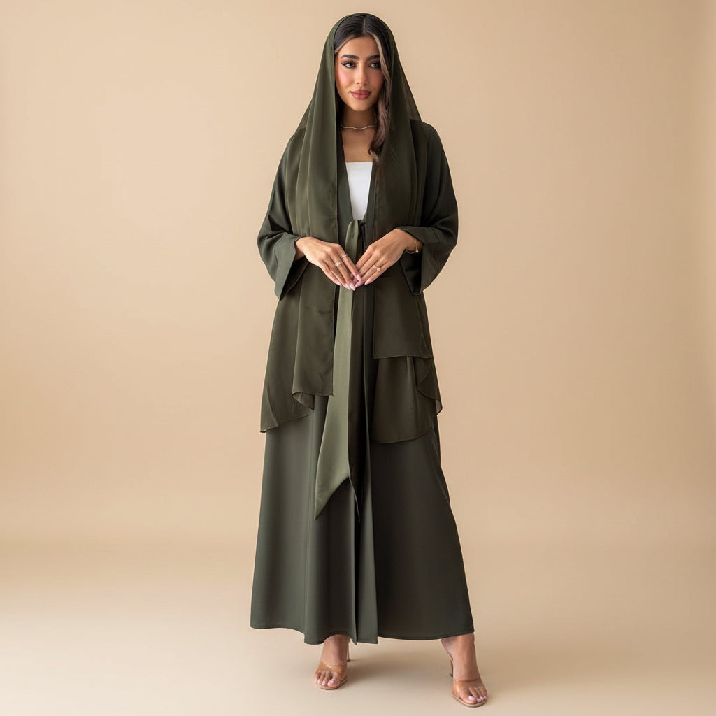 Muslim Women Plain Open Abaya Dress With A Matching Hijab #26M295