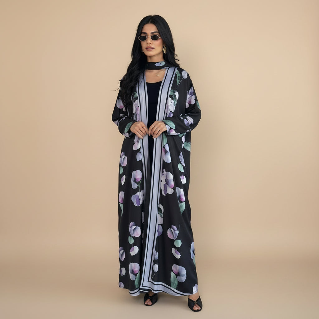 Muslim Women Printed Open Abaya Dress - With A Matching Hijab - Black/White - #26M290