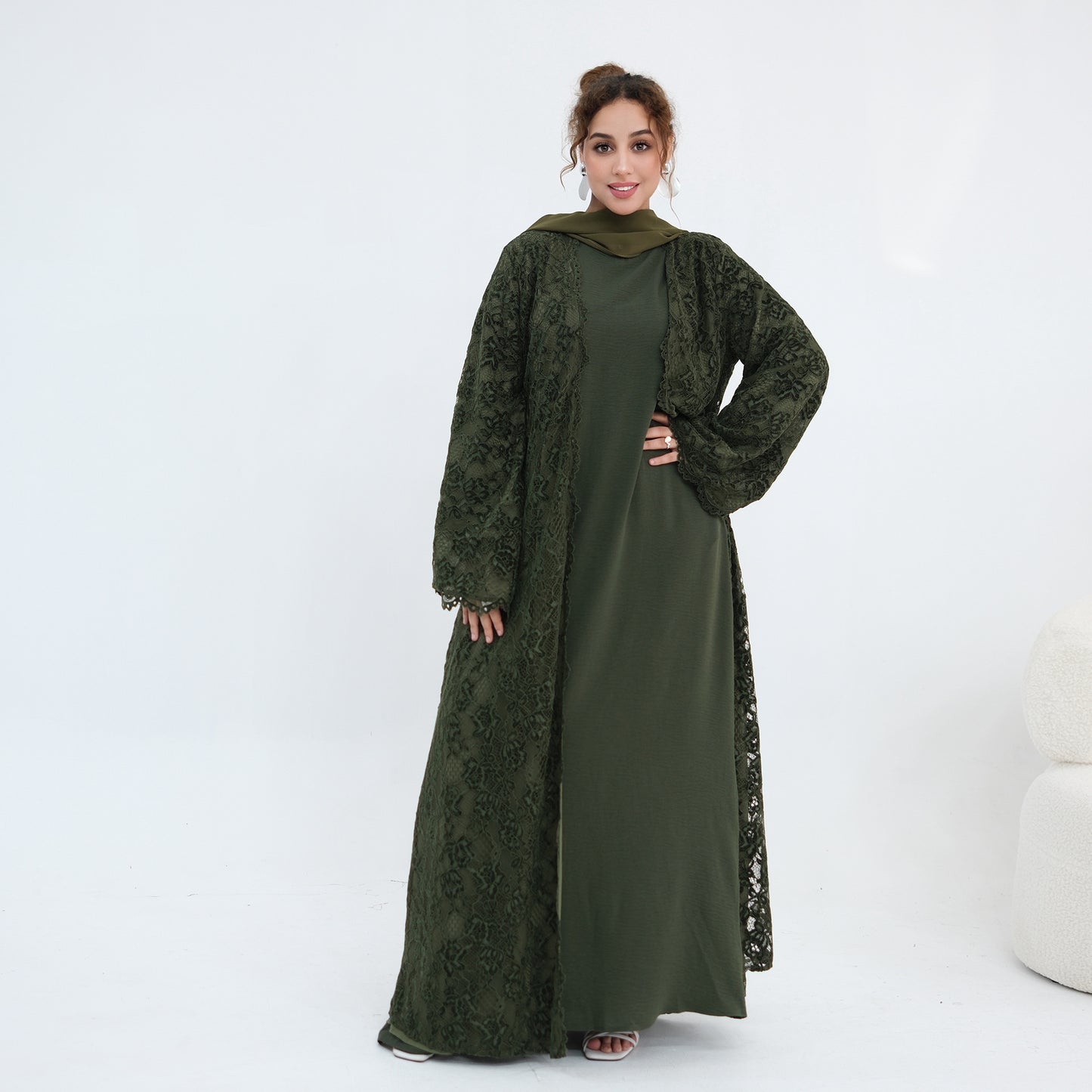 Double-layer Lace Fabric Open Abaya Dress - Black/Coffee/Army Green - #261276