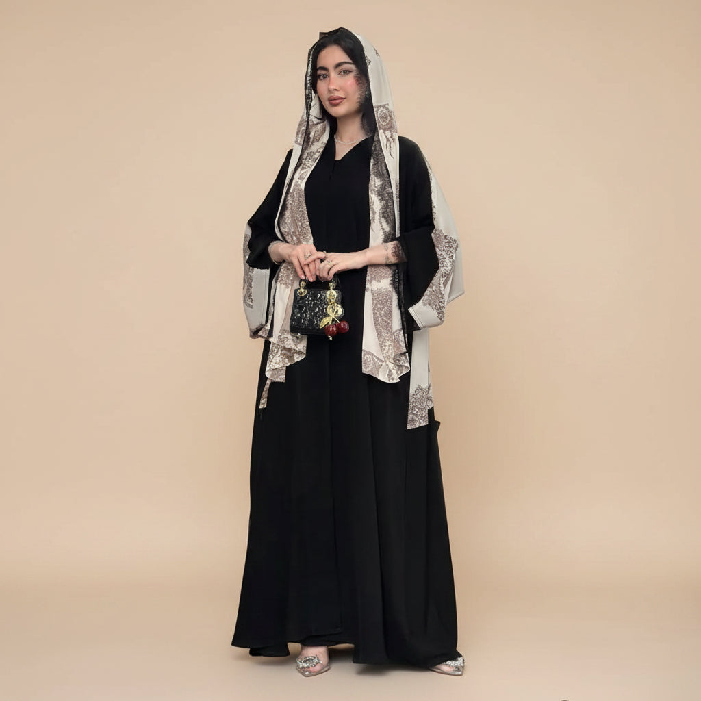 Muslim Women Patchwork Lace Open Abaya Dress With A Matching Hijab #26304