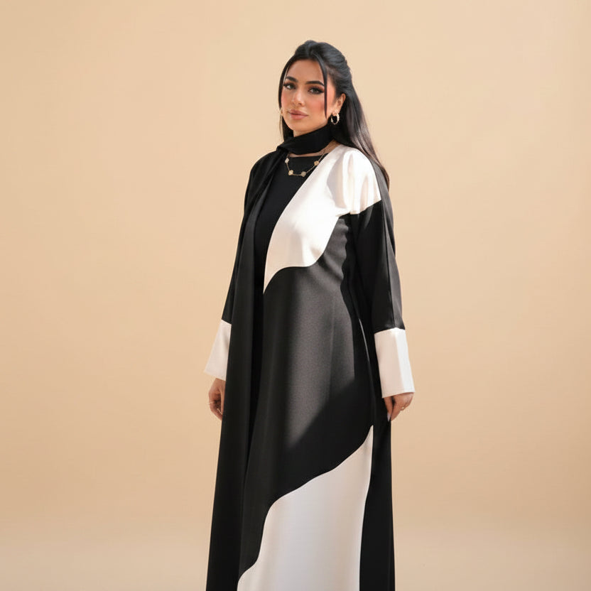 Muslim Women Black and White Patchwork Cardigan Open Abaya Dress #26M285