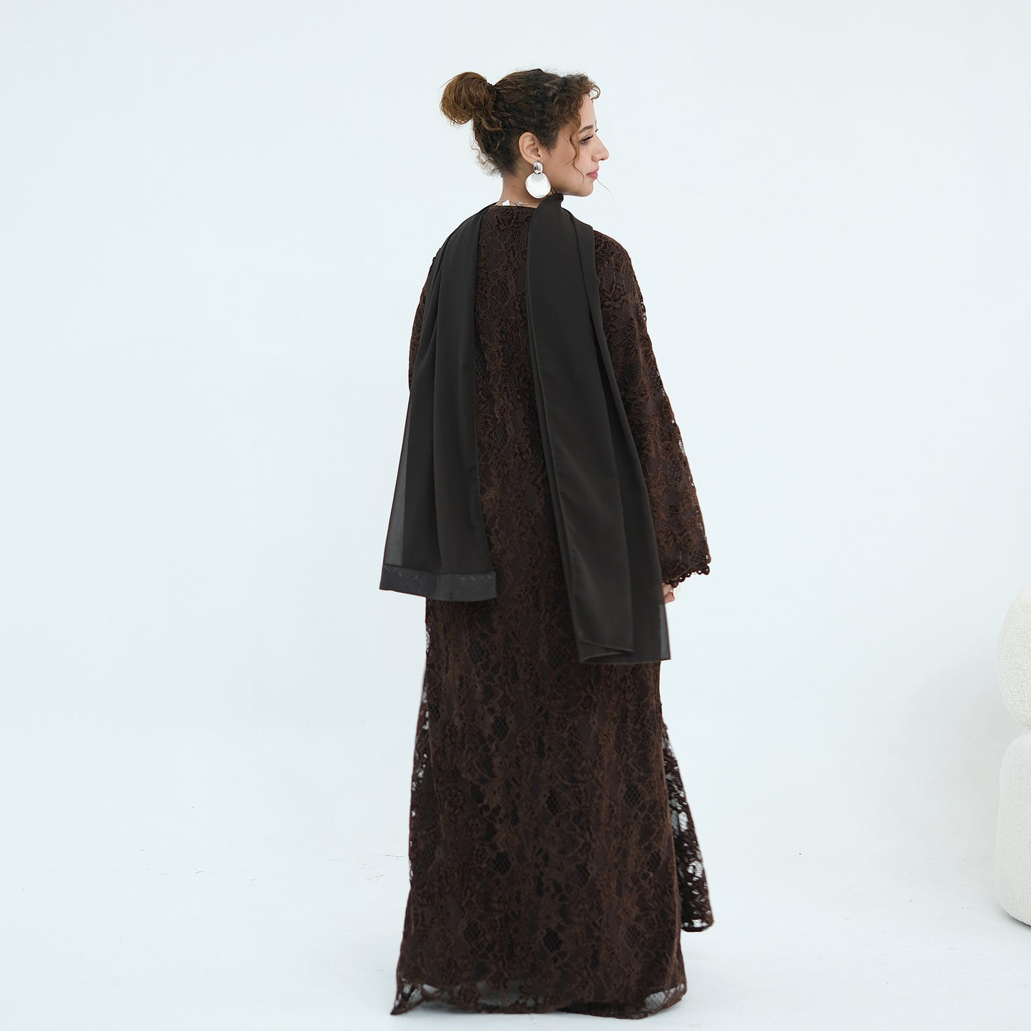 Double-layer Lace Fabric Open Abaya Dress - Black/Coffee/Army Green - #261276