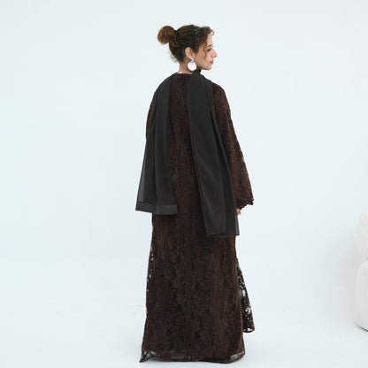 Double-layer Lace Fabric Open Abaya Dress - Black/Coffee/Army Green - #261276