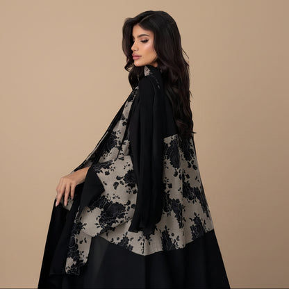 Muslim Women Cardigan Open Abaya Dress With A Matching Hijab - Black - #26M299