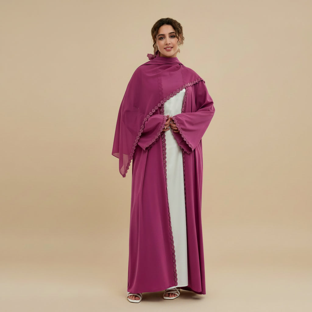 Lace Patchwork Nida Open Abaya Dress With A Matching Hijab - #261173