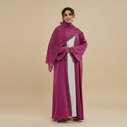 Lace Patchwork Nida Open Abaya Dress With A Matching Hijab - #261173