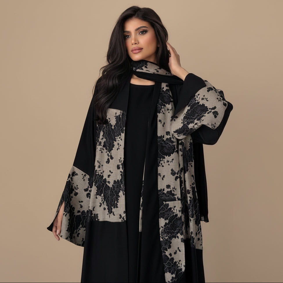 Muslim Women Cardigan Open Abaya Dress With A Matching Hijab - Black - #26M299