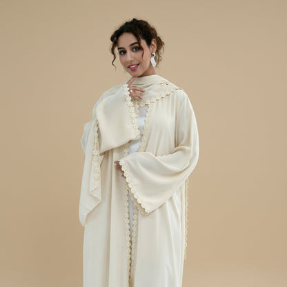 Lace Patchwork Nida Open Abaya Dress With A Matching Hijab - #261173