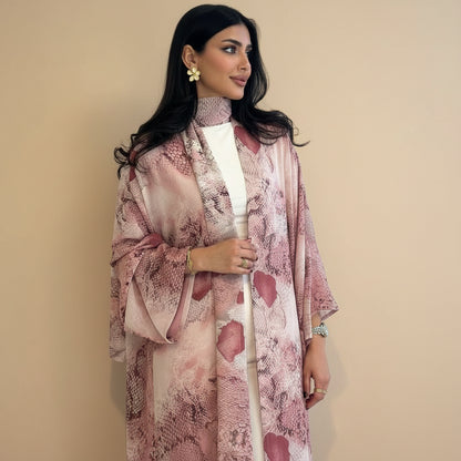 Muslim Women Printed Chiffon Open Abaya Dress With A Matching Hijab #26302