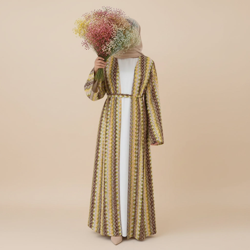Muslim Women Rainbow Jacquard Open Abaya Dress #261346