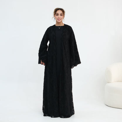 Double-layer Lace Fabric Open Abaya Dress - Black/Coffee/Army Green - #261276