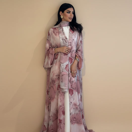Muslim Women Printed Chiffon Open Abaya Dress With A Matching Hijab #26302