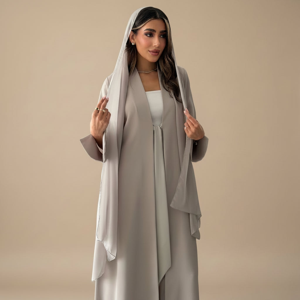 Muslim Women Plain Open Abaya Dress With A Matching Hijab #26M295