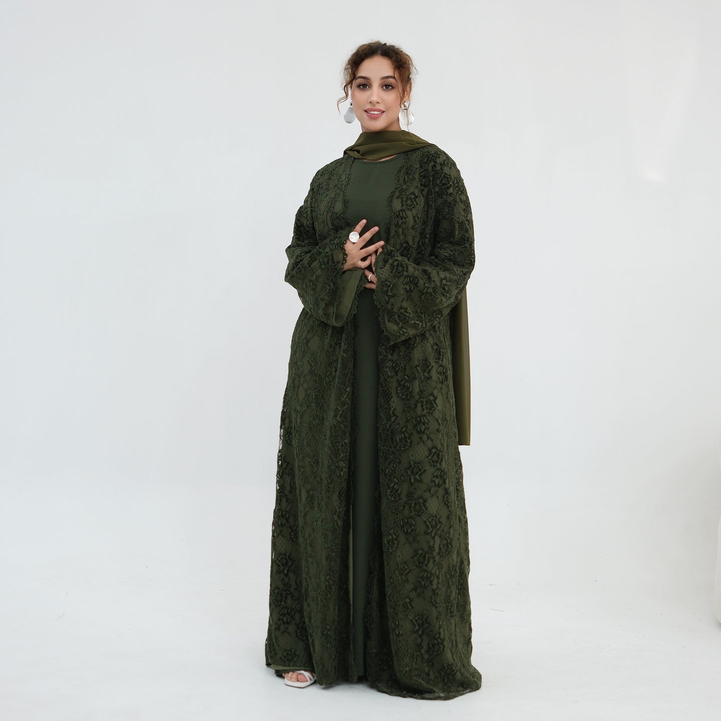 Double-layer Lace Fabric Open Abaya Dress - Black/Coffee/Army Green - #261276