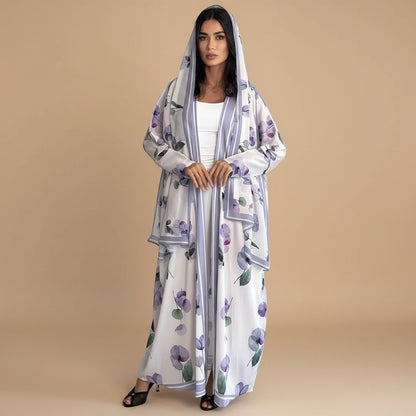 Muslim Women Printed Open Abaya Dress - With A Matching Hijab - Black/White - #26M290