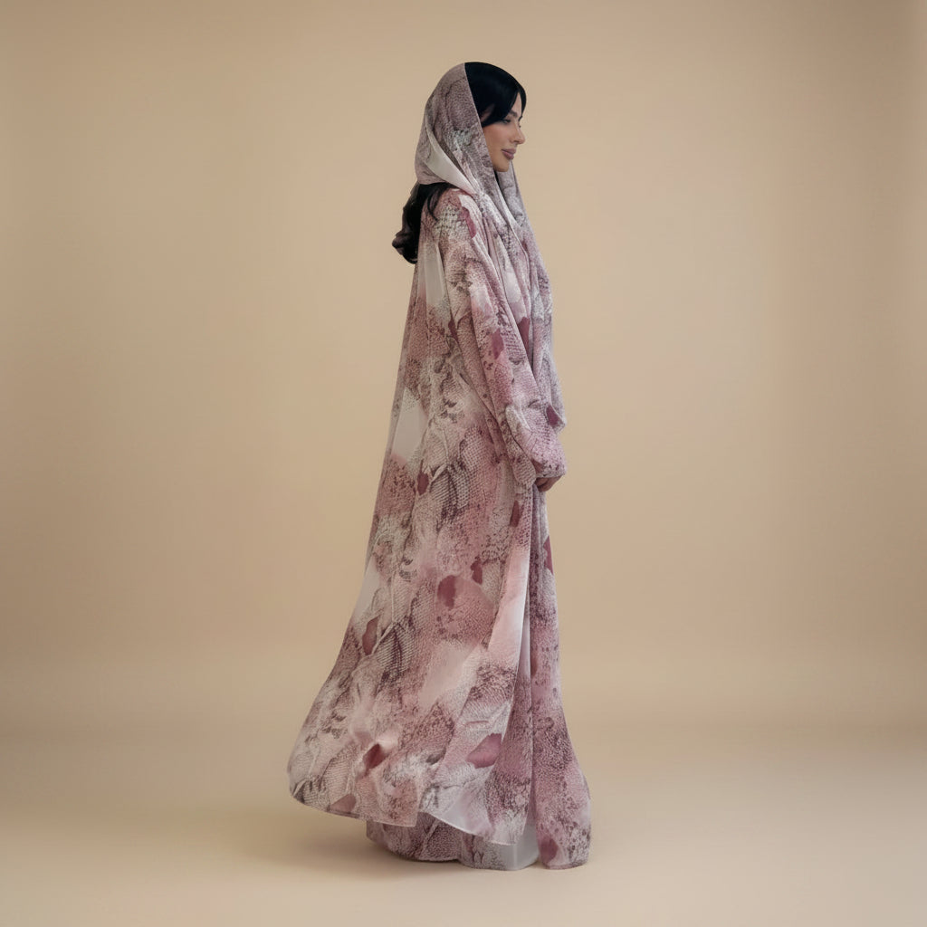 Muslim Women Printed Chiffon Open Abaya Dress With A Matching Hijab #26302