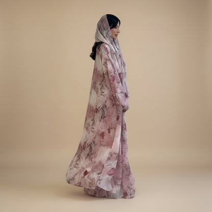 Muslim Women Printed Chiffon Open Abaya Dress With A Matching Hijab #26302