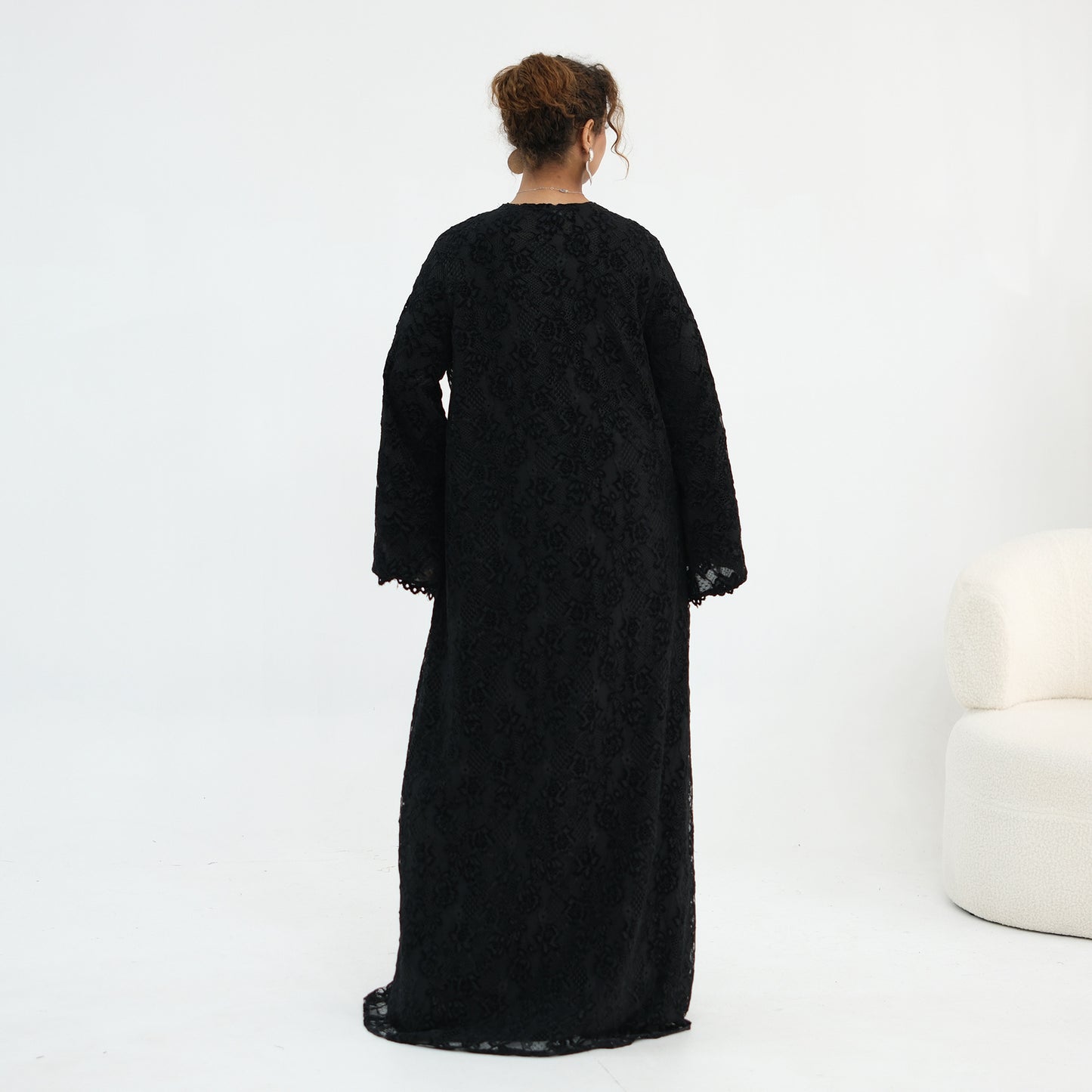 Double-layer Lace Fabric Open Abaya Dress - Black/Coffee/Army Green - #261276