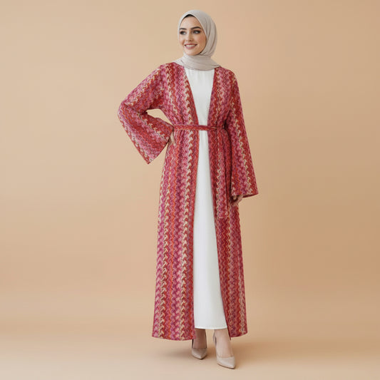 Muslim Women Rainbow Jacquard Open Abaya Dress #261346