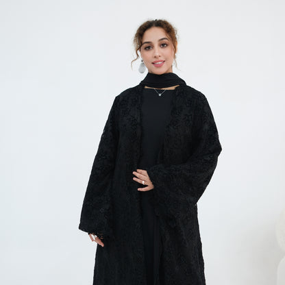 Double-layer Lace Fabric Open Abaya Dress - Black/Coffee/Army Green - #261276