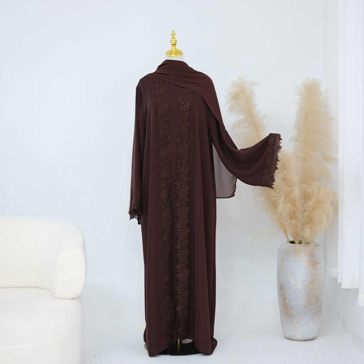 3 Pieces Set Lace Open Abaya Dress - With Inner Sleeveless Abaya Dress And A Matching Hijab - #261191