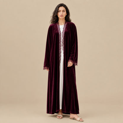 Muslim Women Lace Trimming Velvet Open Abaya Dress #261385