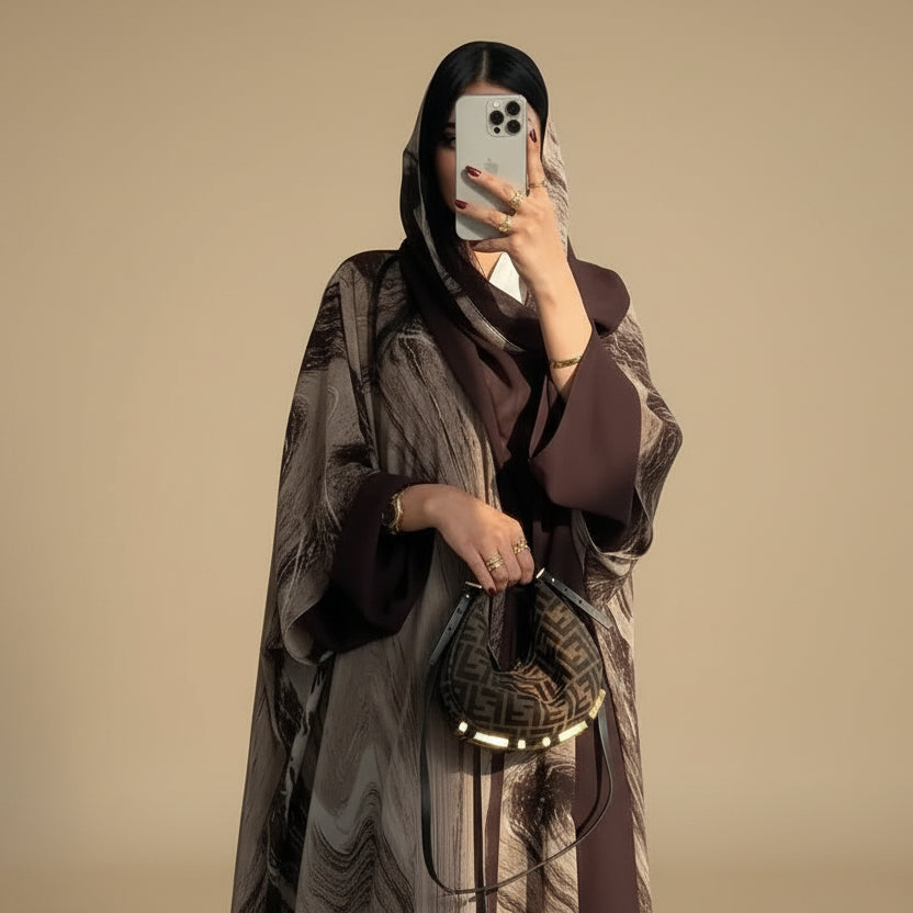 Chiffon Printed Cardigan Open Abaya Dress With Matching Hijab #25222
