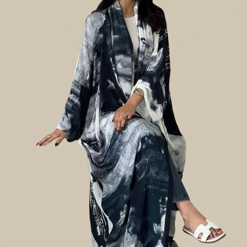 Chiffon Printed Cardigan Open Abaya Dress With Matching Hijab #25228