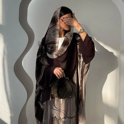 Chiffon Printed Cardigan Open Abaya Dress With Matching Hijab #25222