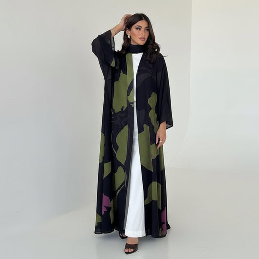 Muslim Women Printed Cardigan Open Abaya Dress With a Matching Hijab #26M265