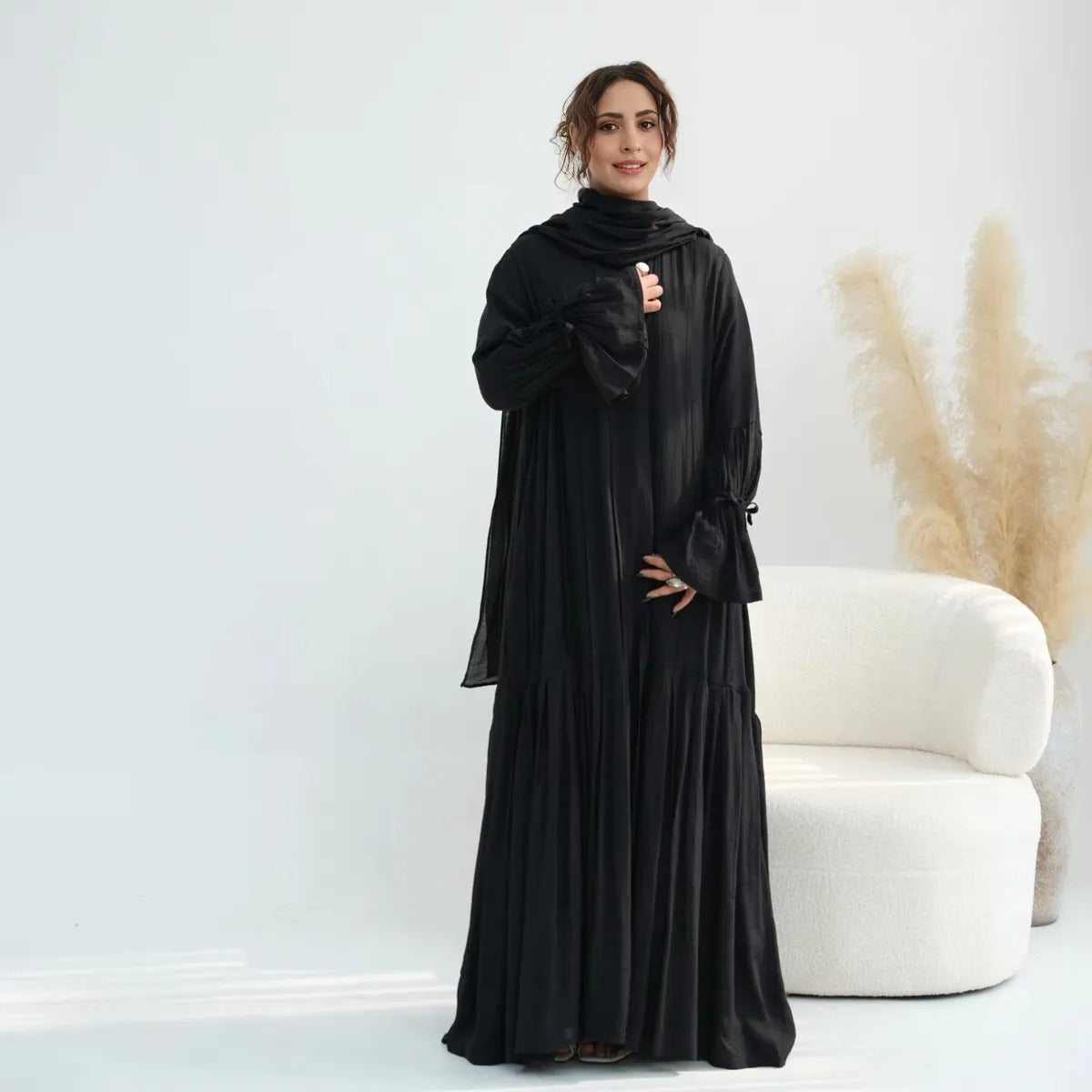 Muslim Women Open Abaya Dress With Lining And Matching Hijab #251139