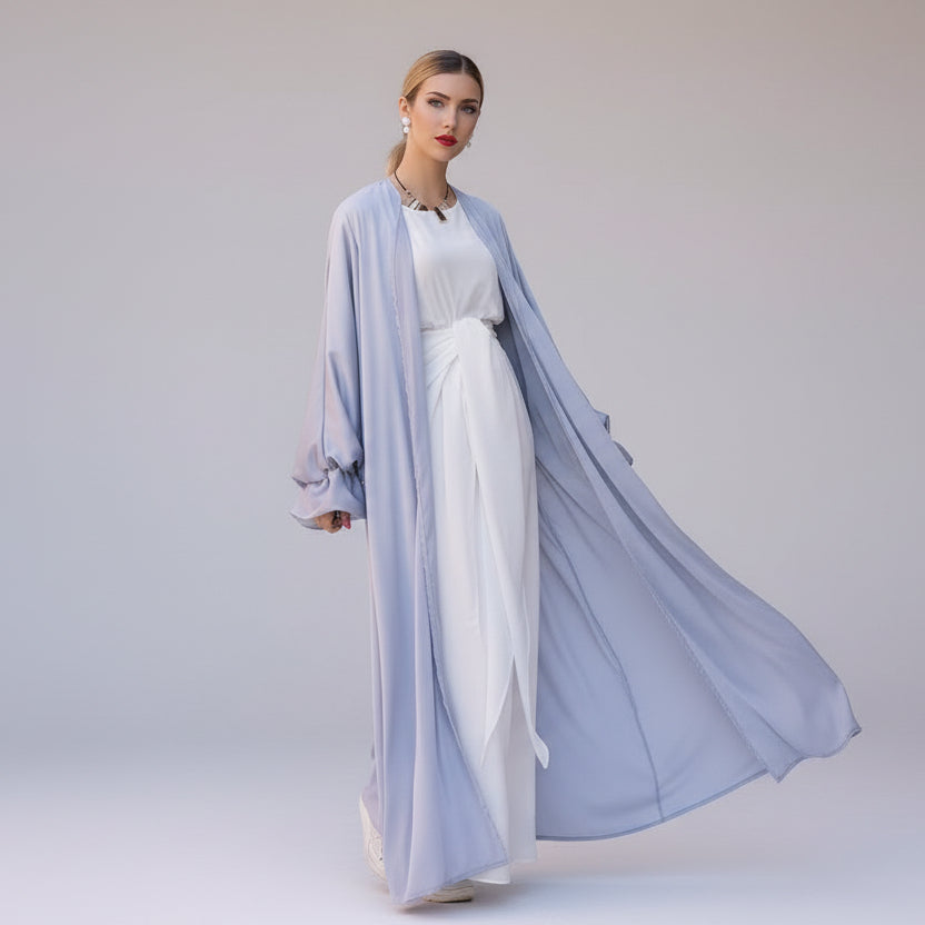 Muslim Women Puff Sleeve Satin Cardigan Open Abaya Dress