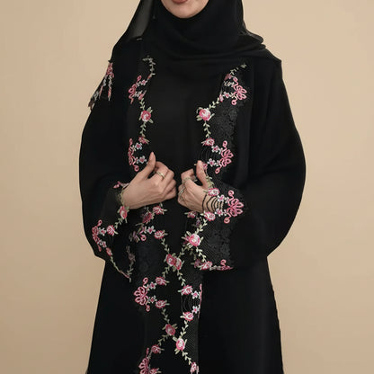 Embroidered Lace Open Abaya Dress For Women - Black - #26M275