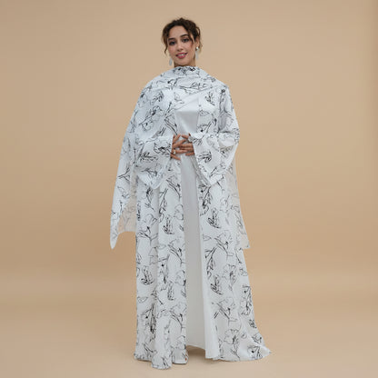 Satin Printed Open Abaya Dress For Women - Lining optional - With A Matching Hijab - #261304