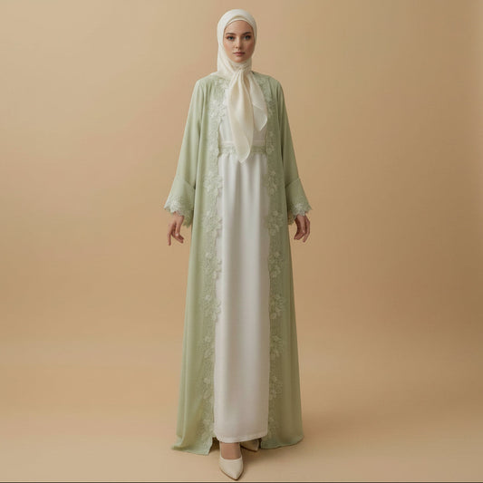 Muslim Women Patchwork Flower Embroidery Open Abaya Dress #26276