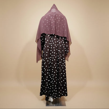 Polka Dot Printed Open Abaya Dress For Women - With Matching Hijab - Black - #26277