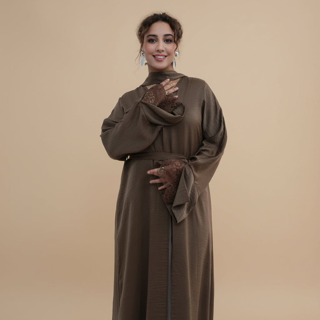 Lace Cuff Open Abaya Dress - For Muslim Women - Black/Coffee/Khaki - #261181