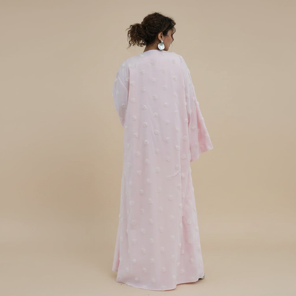 3D Floral Embellishments Open Abaya Dress - Double Layers Fabric - With A Matching Hijab - For Muslim Women - #261187