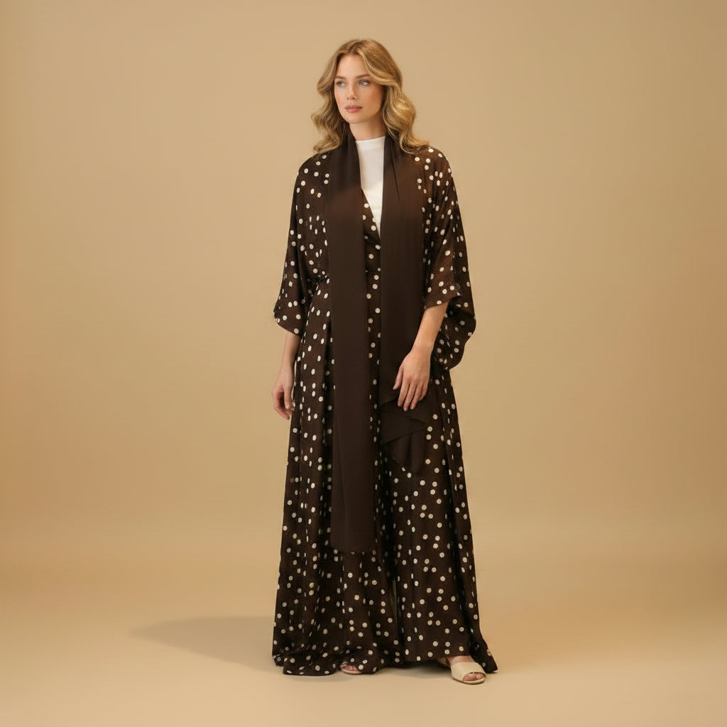 Polka Dot Printed Open Abaya Dress For Women - With Matching Hijab - Black - #26277