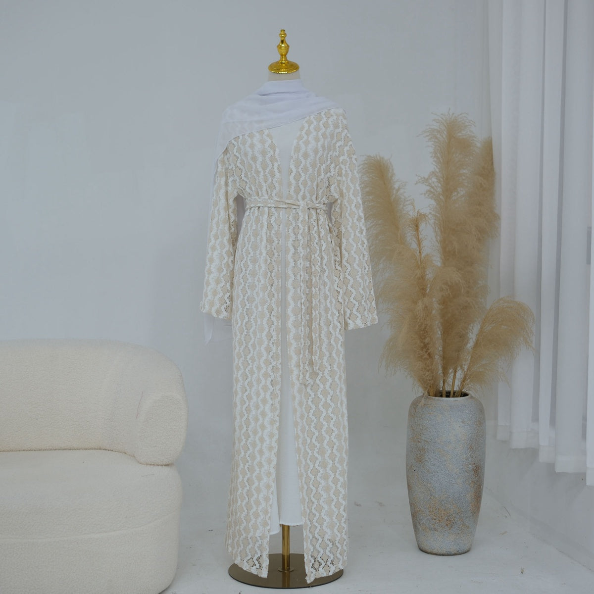 Lace Knitting Openwork Flower Lace Open Abaya Dress - For Muslim Women - #261307