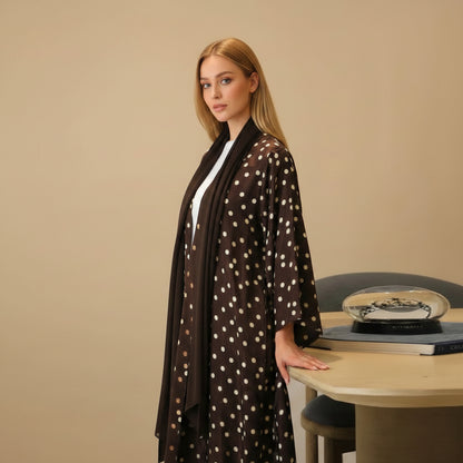 Polka Dot Printed Open Abaya Dress For Women - With Matching Hijab - Black - #26277