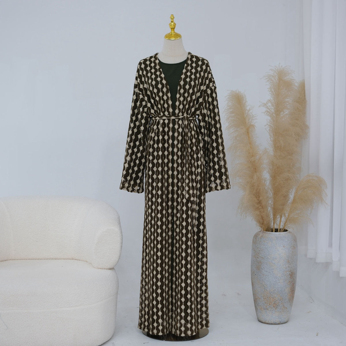 Lace Knitting Openwork Flower Lace Open Abaya Dress - For Muslim Women - #261307