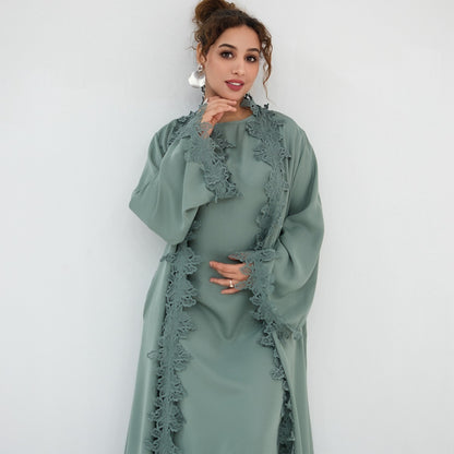 3D Lace Trimming Open Abaya Dress Set - With Inner Sleeveless Dress - Nida - For Muslim Women - #261184