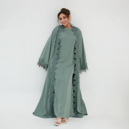 3D Lace Trimming Open Abaya Dress Set - With Inner Sleeveless Dress - Nida - For Muslim Women - #261184
