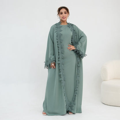 3D Lace Trimming Open Abaya Dress Set - With Inner Sleeveless Dress - Nida - For Muslim Women - #261184
